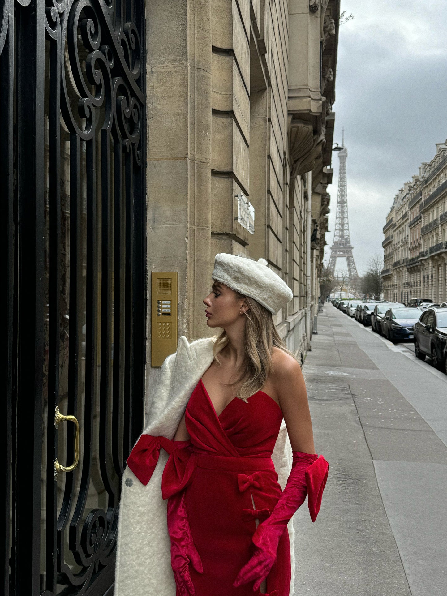 Red mini length velvet dress