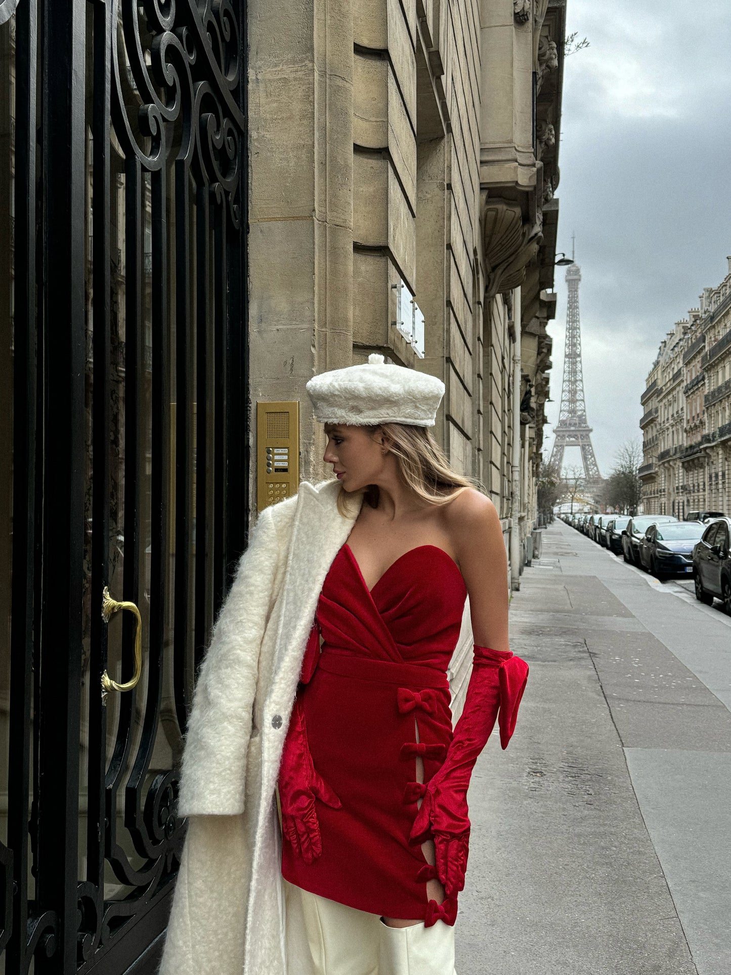 Red mini length velvet dress